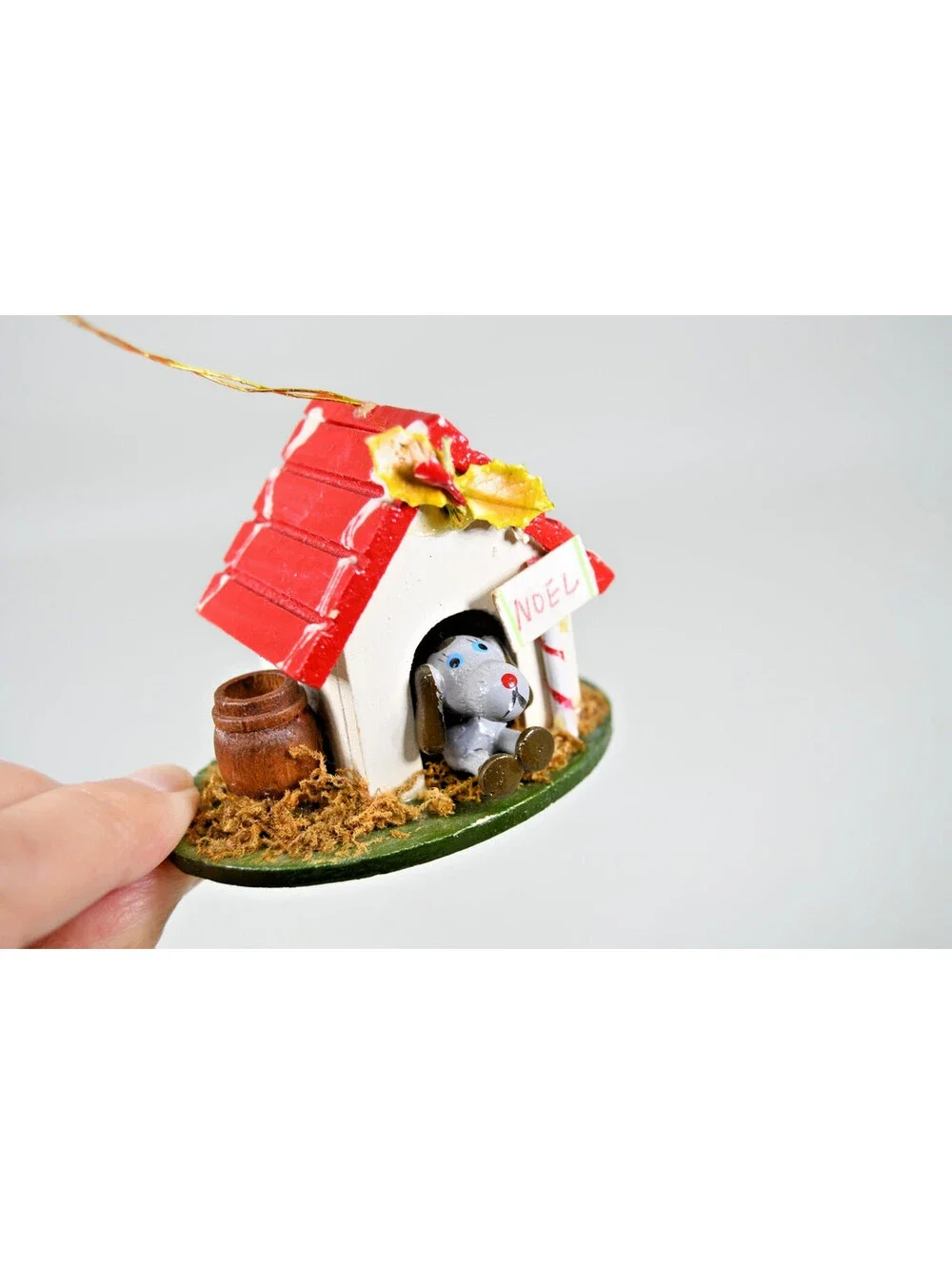 Dog in Dog House Wood Christmas Ornament Noel Vintage Germany Hand Painted Noel